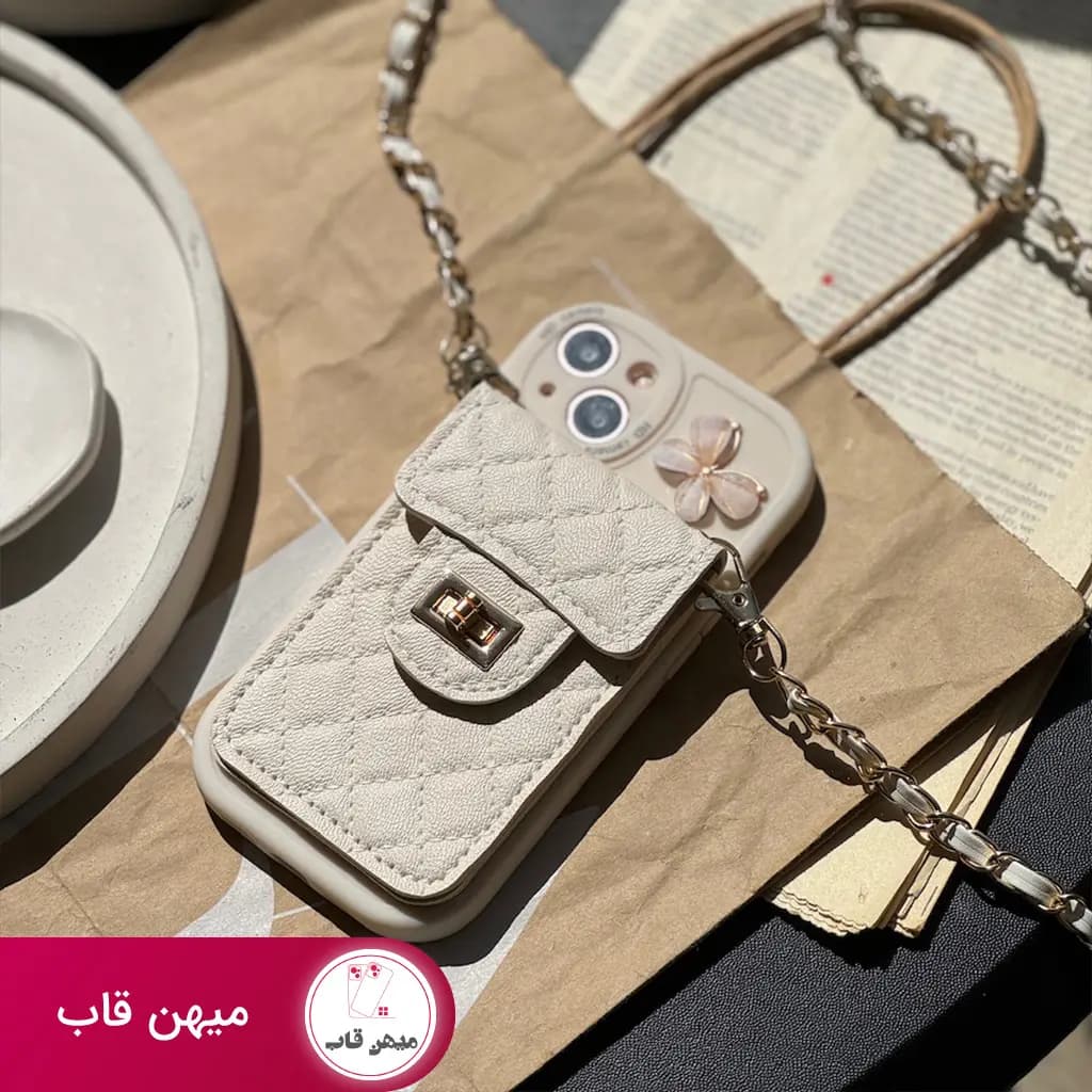 قاب گوشی آیفون جاکارتی دار بند بلند پروانه صدفی - کد (۵۹۱۹)