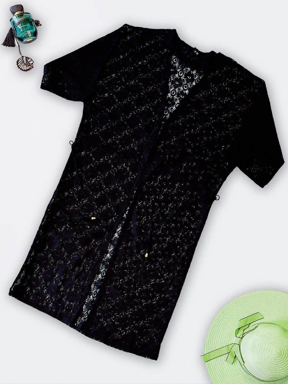 رومایویی بلند زنانه گیپوری شیک مشکی رنگ جلو باز ( کیمونو شنا ) جنس گیپور توری بلند