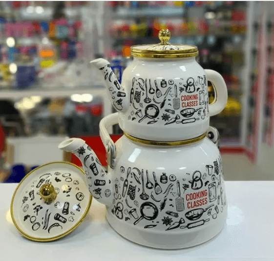 کتری قوری لعابی درب دار برند لایت LIGHT ساخت ترکیه طرح Cooking Classic