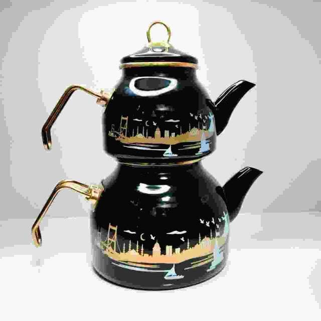 ست کتری و قوری روگازی لعابی دوفی طرح piramit