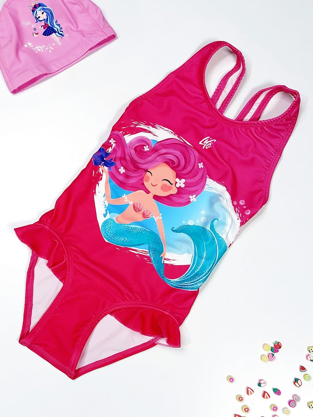 مایو پری دریایی دخترانه بچگانه شیک و زیبا سرخابی لایف ( Life ) اسلیپ پشت بند قهرمانی