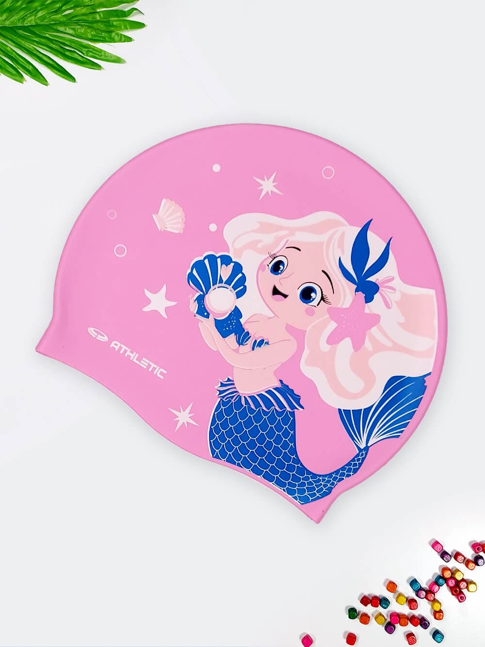 کلاه شنا بچه گانه دخترانه پری دریایی صورتی برند اتلتیک ( Athletic ) سیلیکونی