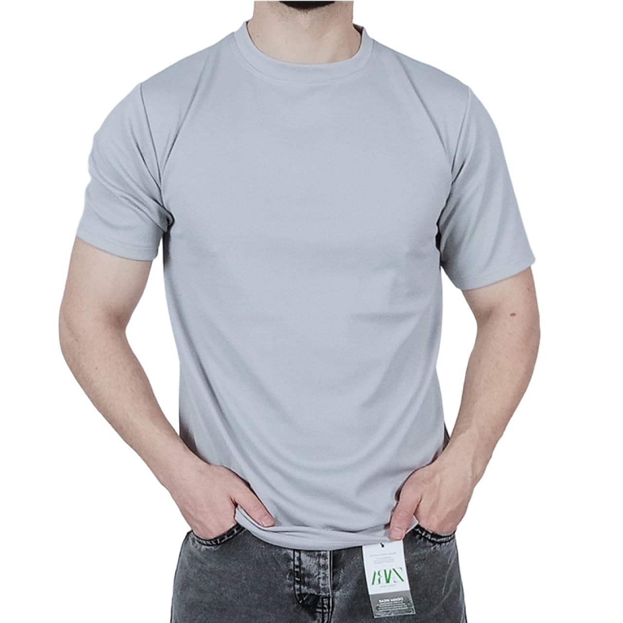 تیشرت آستین کوتاه مردانه ساده طوسی طرح بیسکویتی