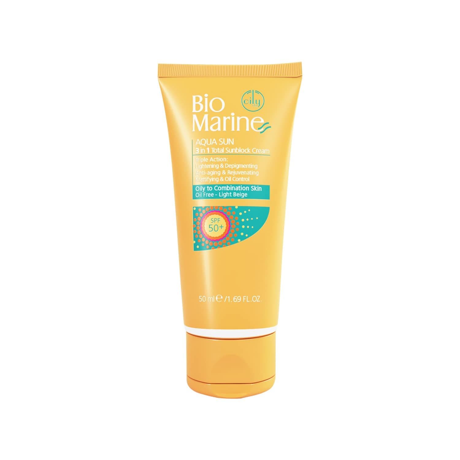 کرم ضد آفتاب فاقد چربی بایومارین مدل Aqua Sun SPF50 مناسب پوست چرب و مختلط حجم 50 میلی لیتر - بژ روشن