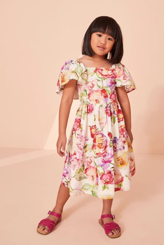 لباس تابستانی گلدار دخترانه پشت باز آستین چین دار