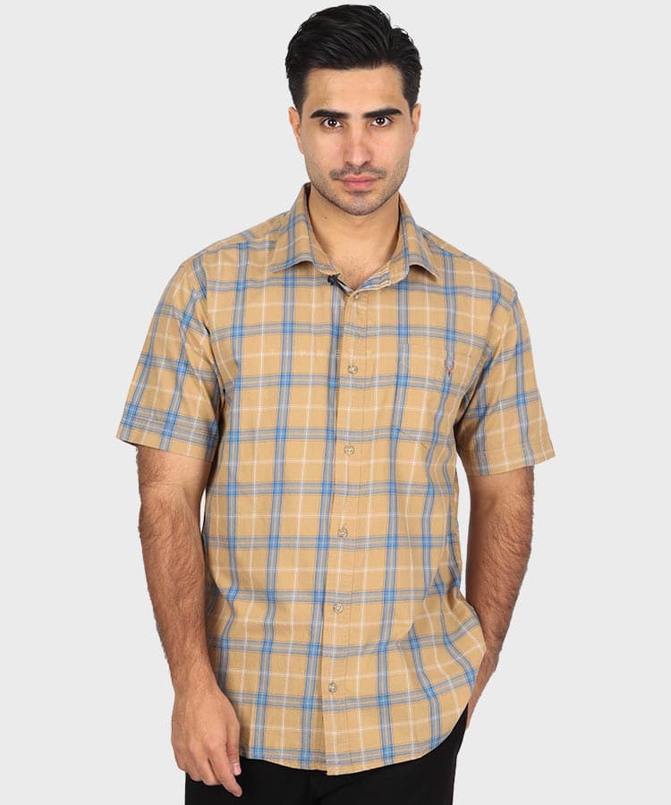 پیراهن مردانه آستین کوتاه چهارخانه نسکافه ای 0931