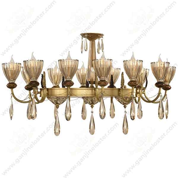 لوستر لاینر برنجی 12 شاخه مدل لیانا آنتیک با لاله کریستال