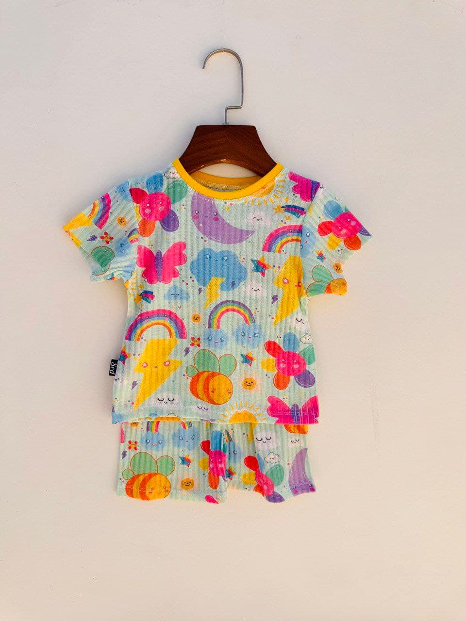 تیشرت و شلوارک راحتی پارچه ریلی طرح رنگین کمان