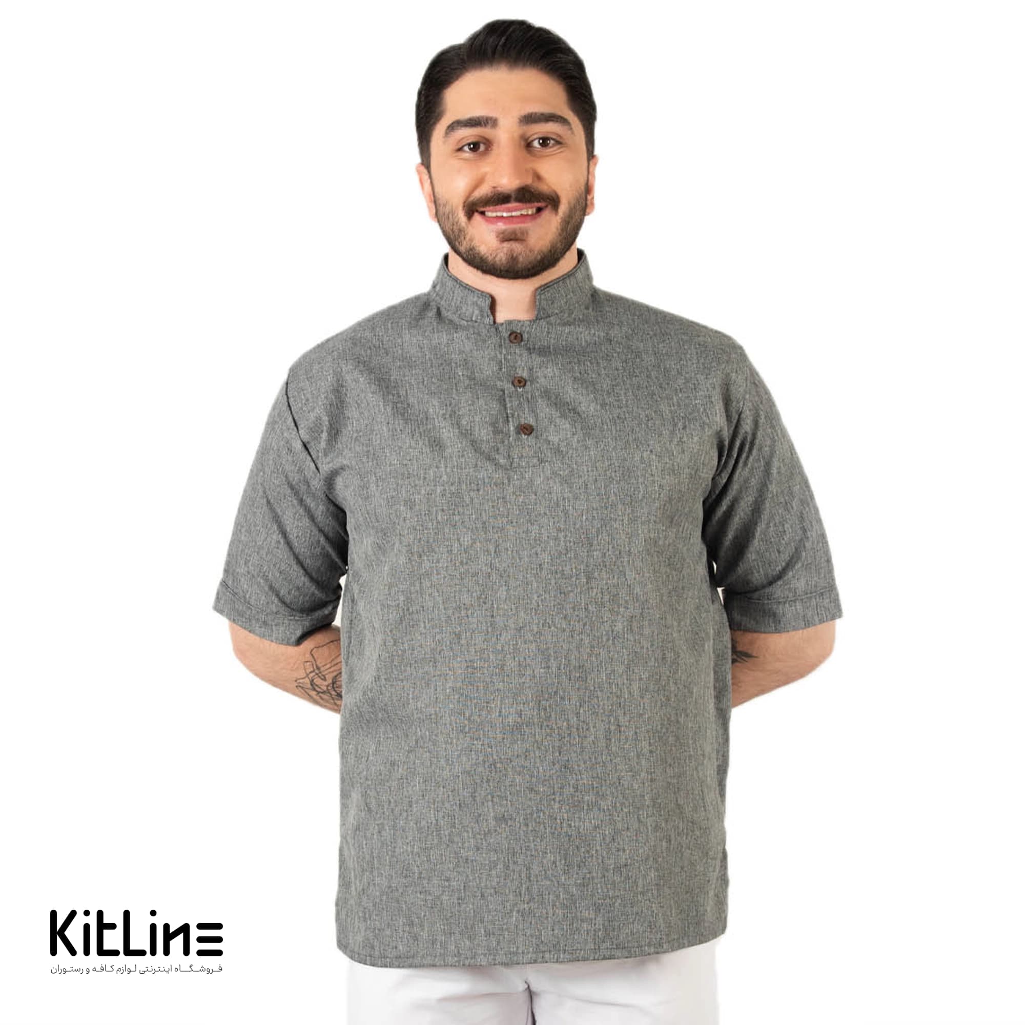 پیراهن آستین کوتاه سه دکمه ملانژ طوسی روشن پوشاکو