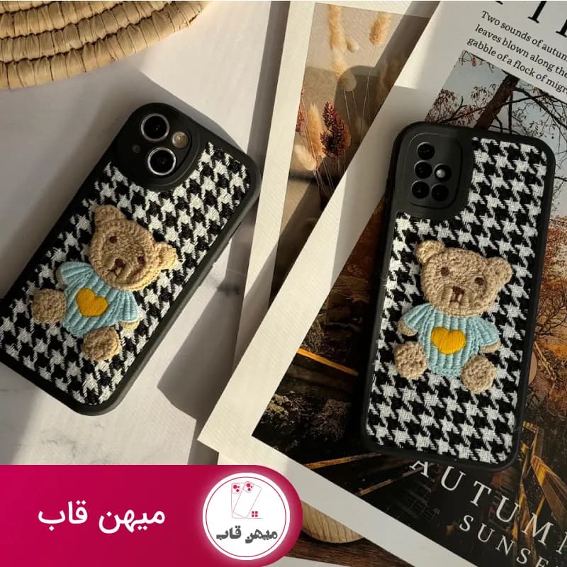 قاب گوشی آیفون خرس پارچه ای مشکی با بند سیلیکونی هدیه - کد (۵۵۱۳)