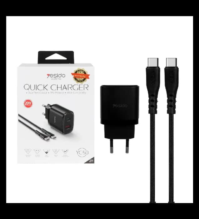 شارژر دیواری 20 وات فست شارژ دو پورت یسیدو مدل YC50 به همراه کابل شارژ USB-C