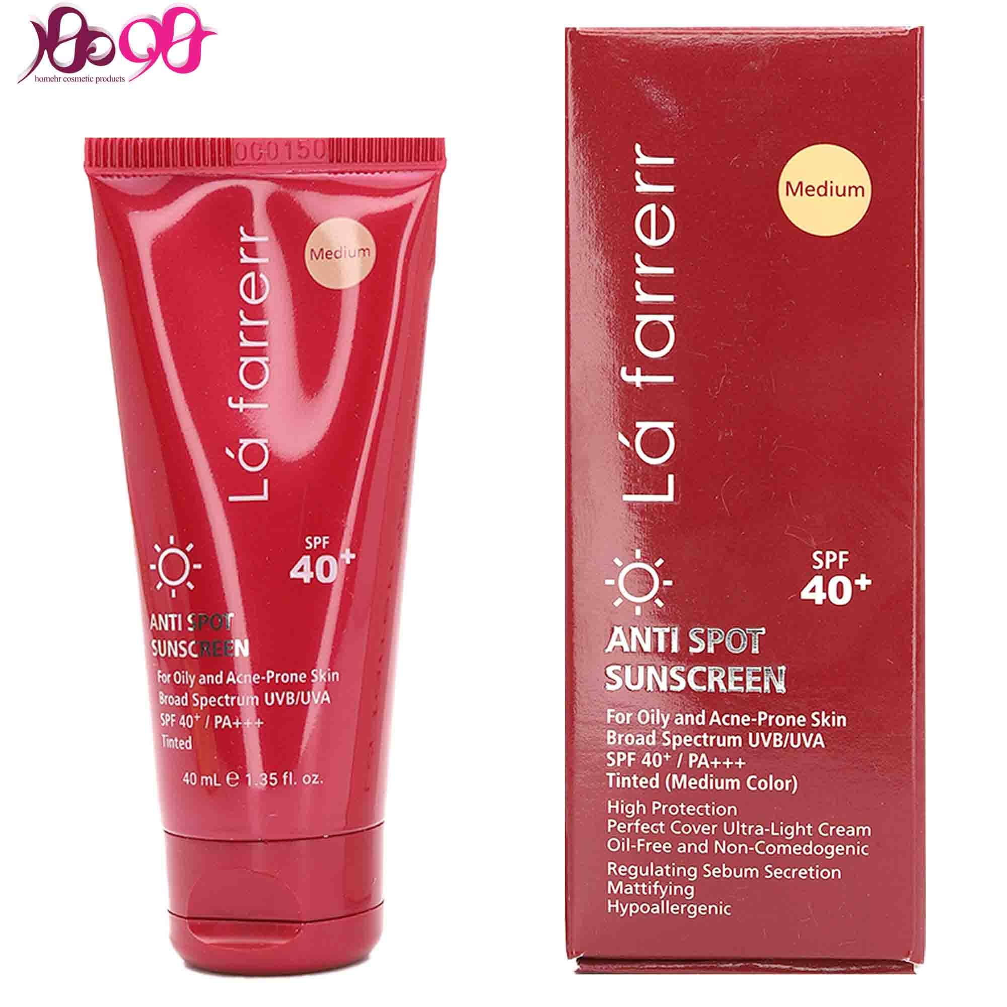 کرم ضد آفتاب و ضد لک رنگی SPF40 لافارر La Farrerr مناسب پوست چرب و مستعد آکنه رنگ متوسط حجم 40ml