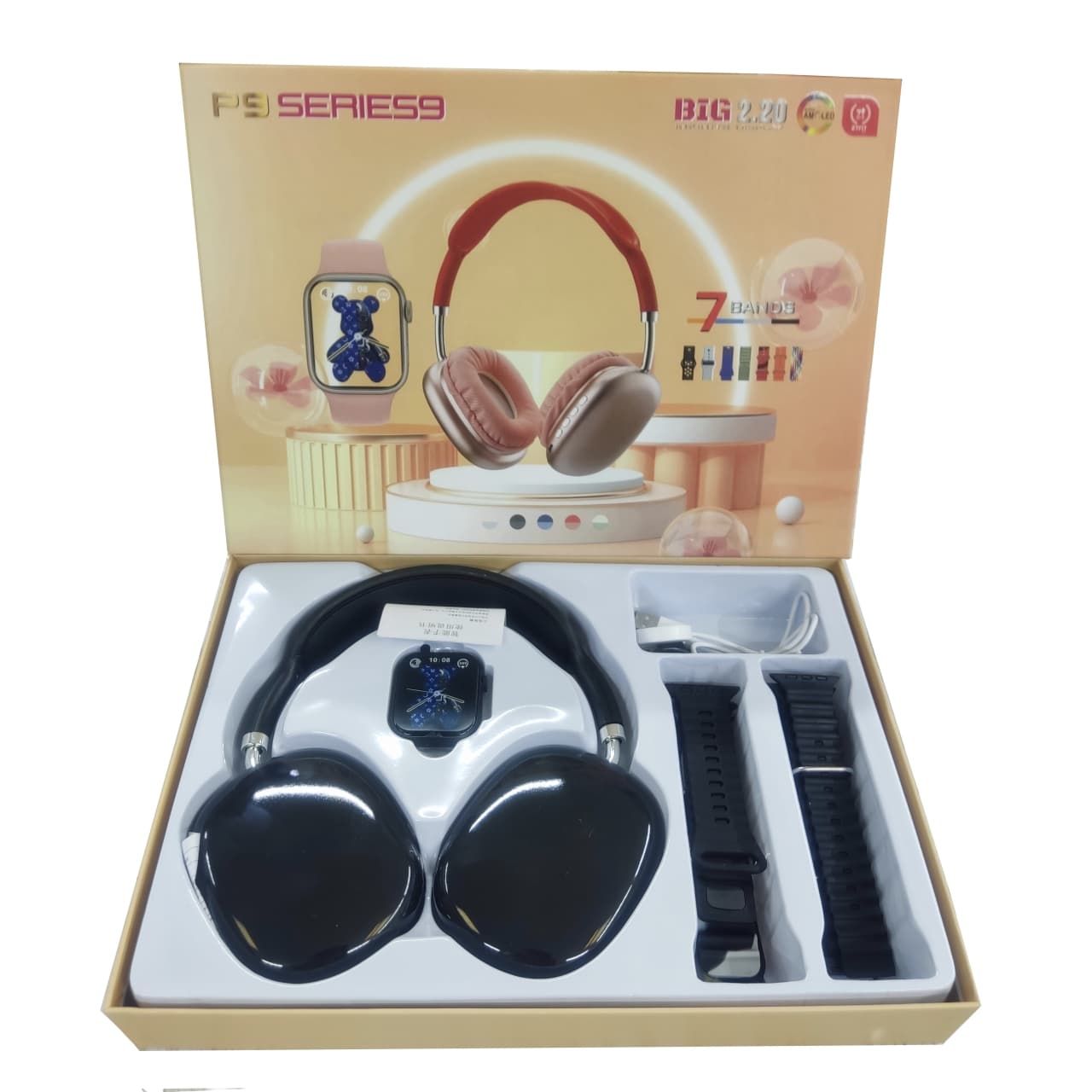 پک ساعت هوشمند سری 9 مدل P9 به همراه هدفون بلوتوثی و 7 بند