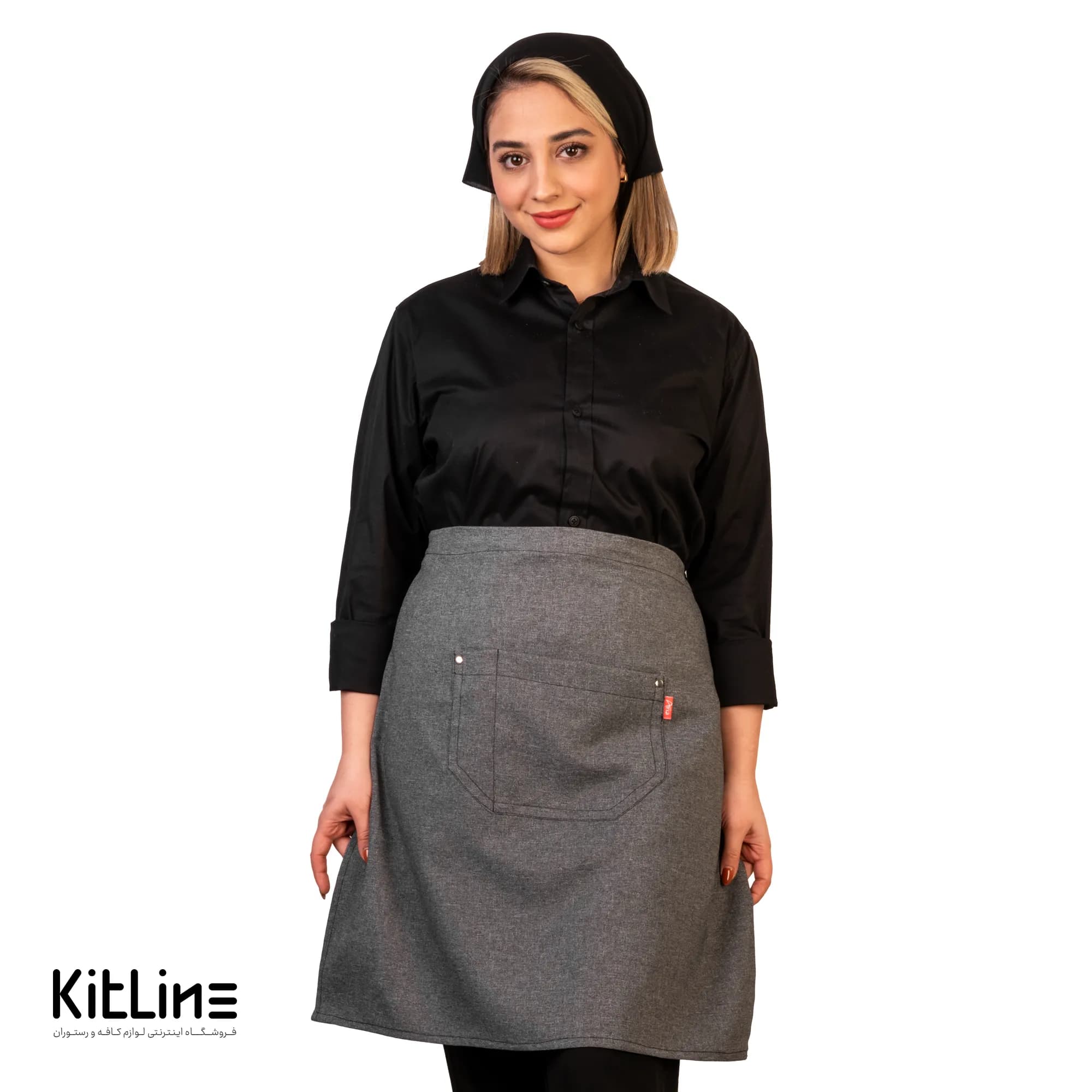 نیم پیشبند ملانژ تک جیب طوسی با بند مشکی آریا