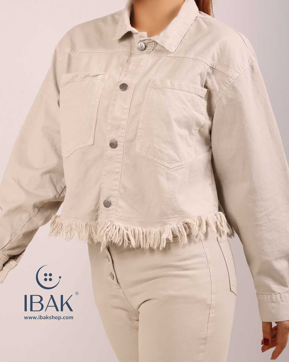 کت زنانه کتان نیم تنه پایین ریش جلو جیب قد 50 ROYAL