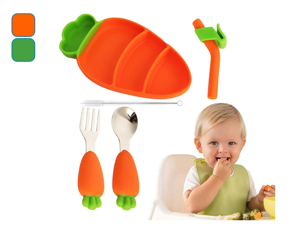 ست ظرف غذا چسبان و قاشق و چنگال سیلیکونی به همراه نی طرح هویج