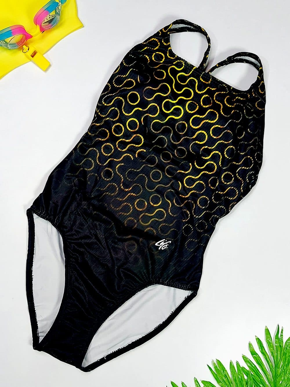 مایو پشت قهرمانی اسلیپ زنانه مشکی و طلایی رنگ برای استخر لایف ( Life ) با کاپ