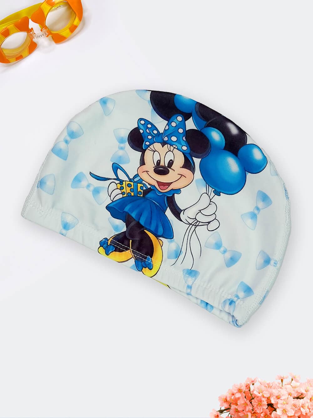 کلاه شنا بچگانه دخترانه طرح فانتزی میکی موس به رنگ آبی با جنس پارچه ای ضد کلر