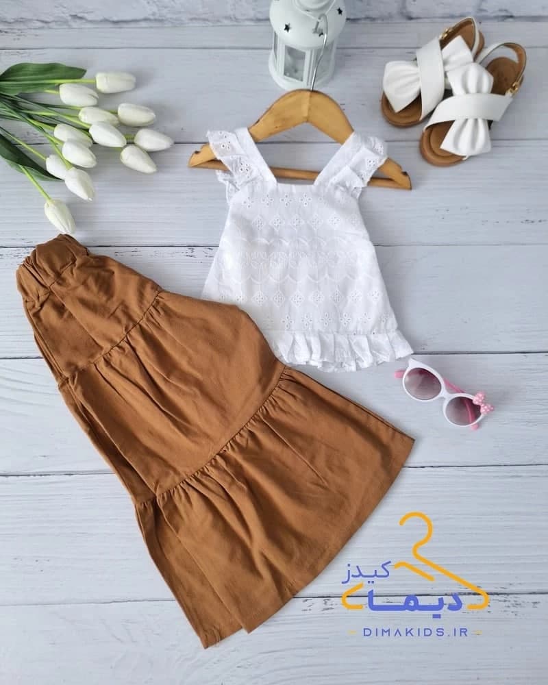 ست تاپ و شلوار سفید نسکافه ای طرح خامه دوزی طنین