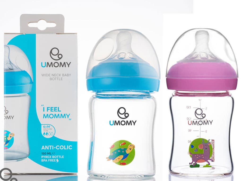 شیشه شیر پیرکس آنتی کولیک دهانه عریض حجم 150 میل 2 قطره بالای 6 ماه یومامی umomy