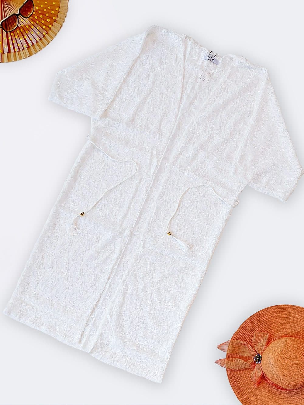 لباس رومایو زنانه بلند و آستین دار گیپوری جلو باز ( کیمونو شنا ) سفید رنگ برند H & M