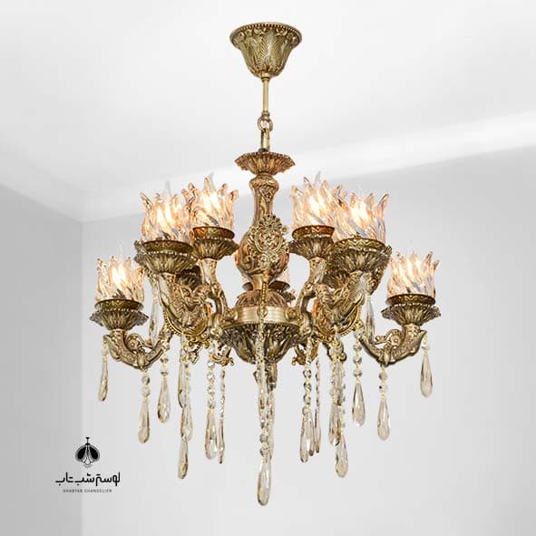 لوستر آویز پانیذ 5 شاخه 10 شعله شب تاب برنجی آنتیک با لاله و کریستال
