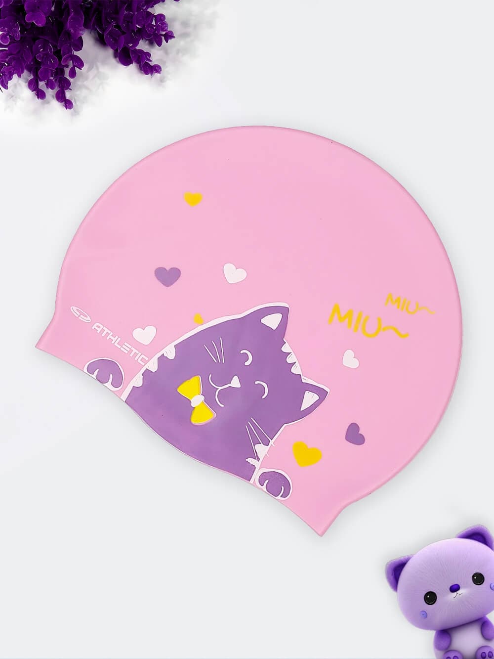 کلاه شنا بچه گانه طرح گربه شکمو به رنگ صورتی برند اتلتیک ( Athletic ) سیلیکونی