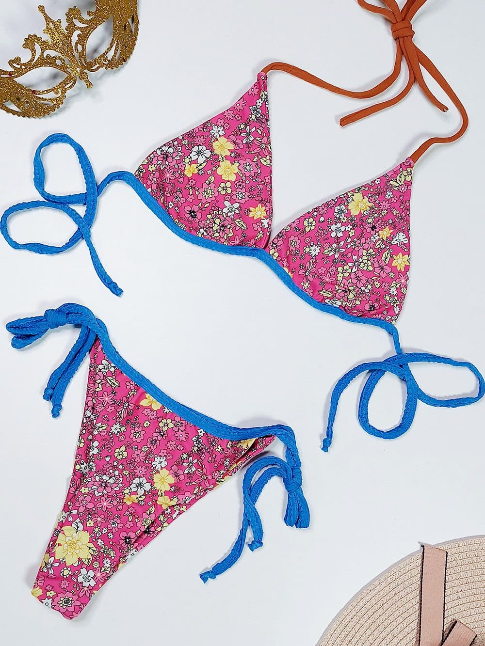 مایو دو تیکه زنانه کاپدار متحرک با طرح گل ریز شین ( shein ) بنددار گرهی برای استخر