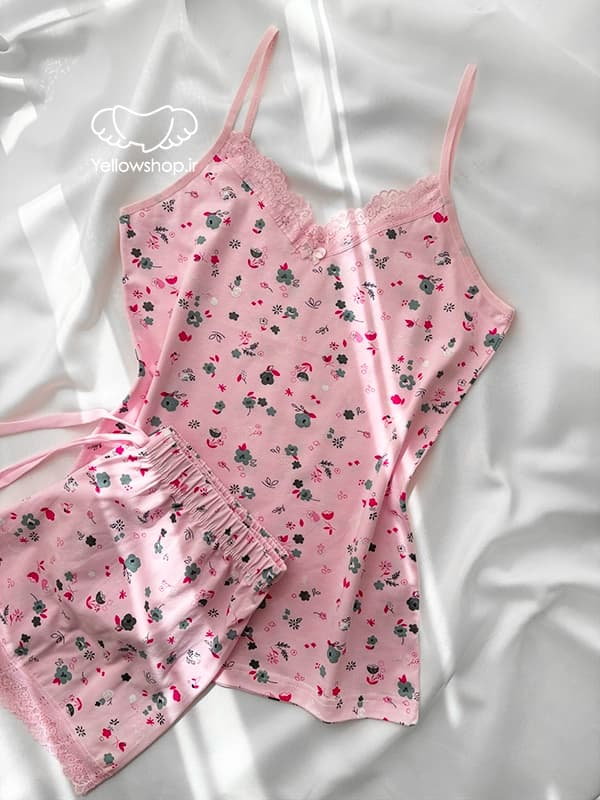 تاپ شورتک نخی زنانه طرح گل صورتی برند HNX کد 27038