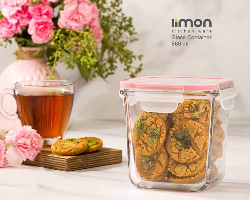 ظرف درب دار شیشه ای لیمون مربع بلند ظرفیت 860