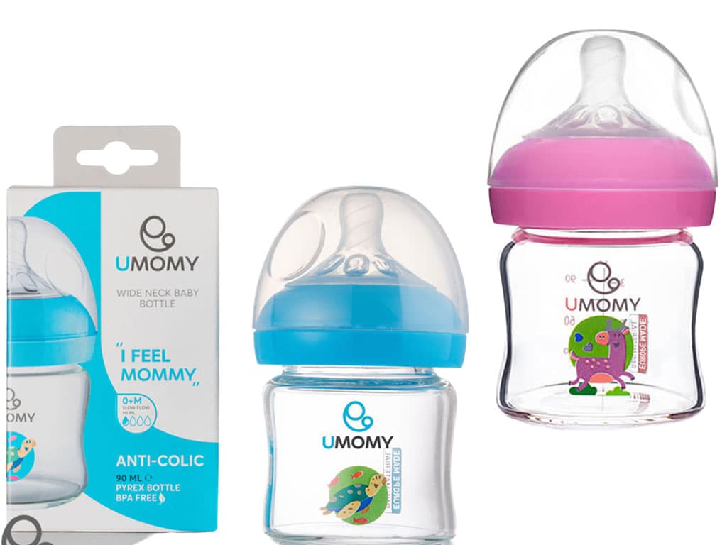 شیشه شیر پیرکس آنتی کولیک دهانه عریض حجم 90 میل 1 قطره بدو تولد یومامی umomy