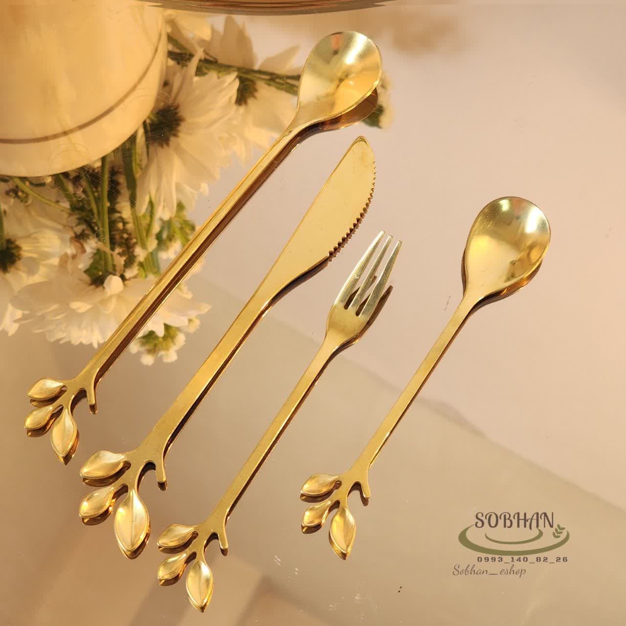 قاشق و چنگال و کارد طلایی طرح برگ