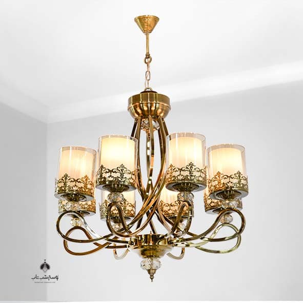 لوستر آویز پیچک شب تاب 8 شعله زیتونی با گوی چرخی و فلاور و حباب