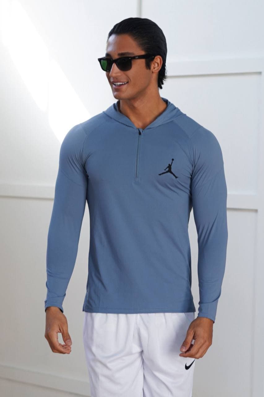 تیشرت آستین بلند باشگاهی نیم زیپ کلاهدار مردانه جردن فول کش سوزنی ریز کد ۱۲۹۷