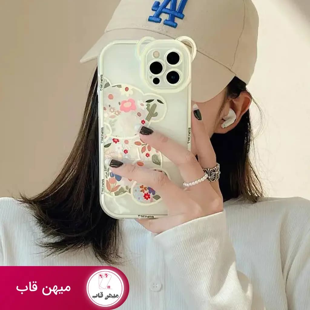 قاب گوشی خرس گلدار سفید با ست کاور ایرپاد اپل - کد (۲۳۷۷۰)