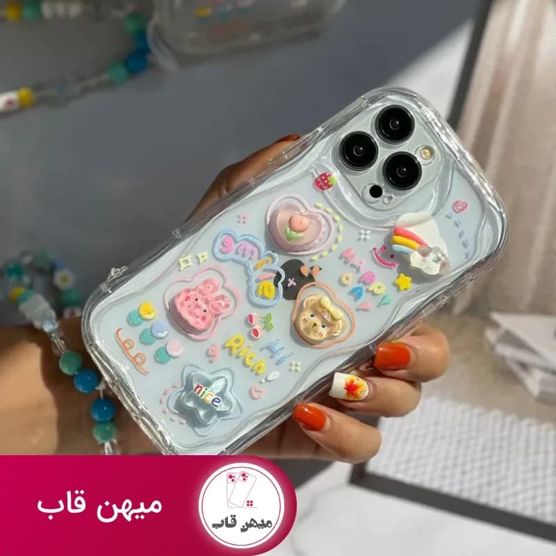 قاب موبایل آیفون اپوکسی بیرنگ روز شاد خرس و خرگوش برجسته + آویزست - کد (۹۷۹۳۹)