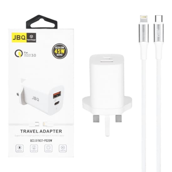شارژر دیواری 45 وات فست و PD دو پورت جی بی کیو مدل HC-P5 همراه با کابل آیفون