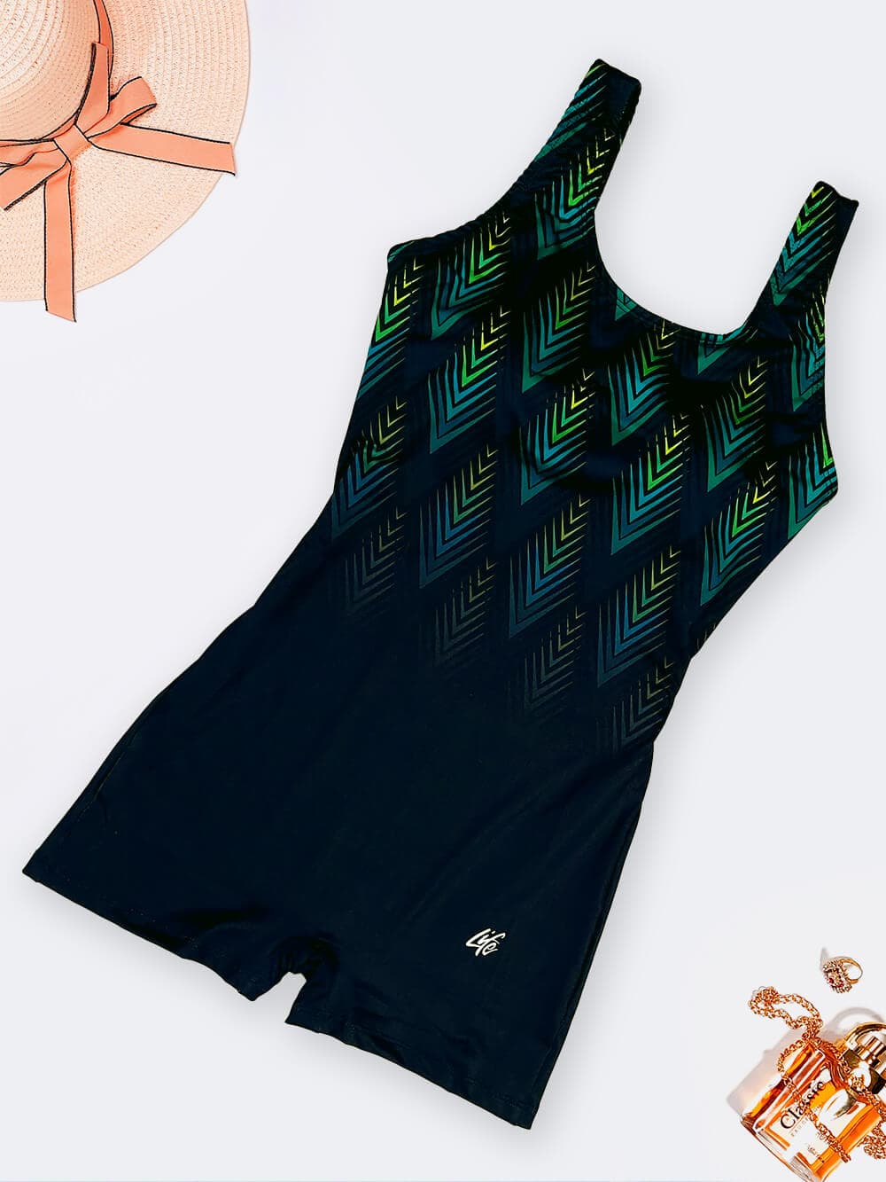 مایو پادار نیمه پوشیده زنانه کاپدار به رنگ یشمی تیره و طرح سبز رنگ لایف ( Life )