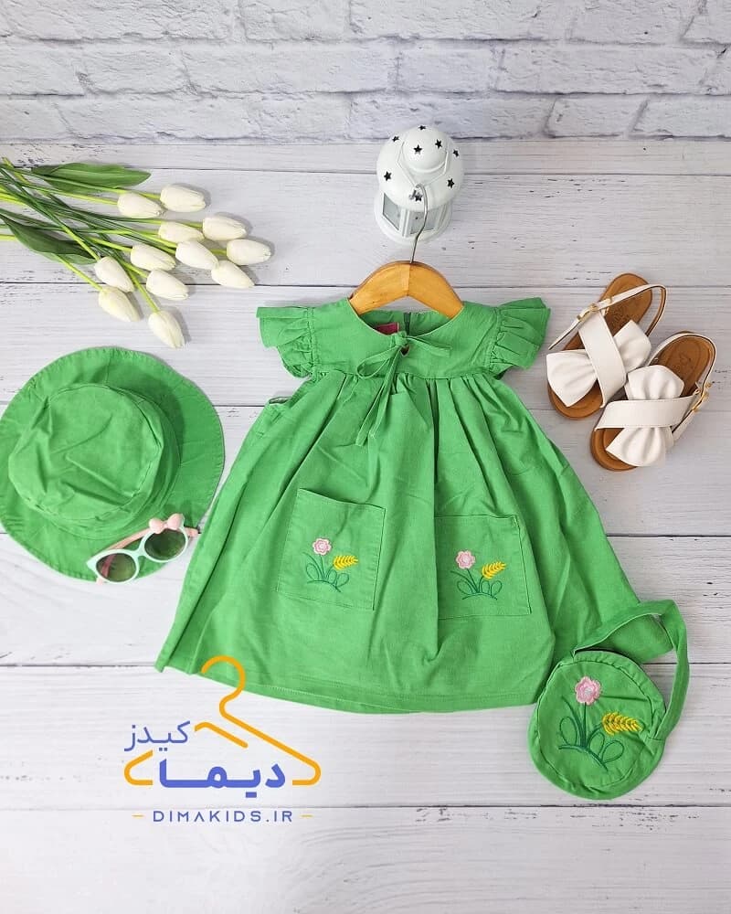 پیراهن سه تکه دو جیب سبز طرح گلدوزی