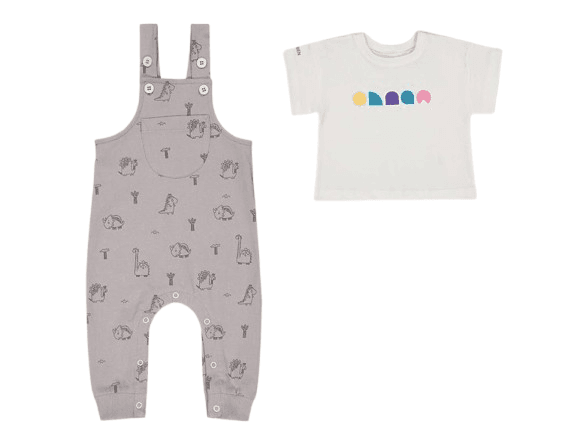 بلوز آستین کوتاه و شلوار پیشبندی نوزادی خاکستری رنگ طرح دایناسور شابن shabenbaby