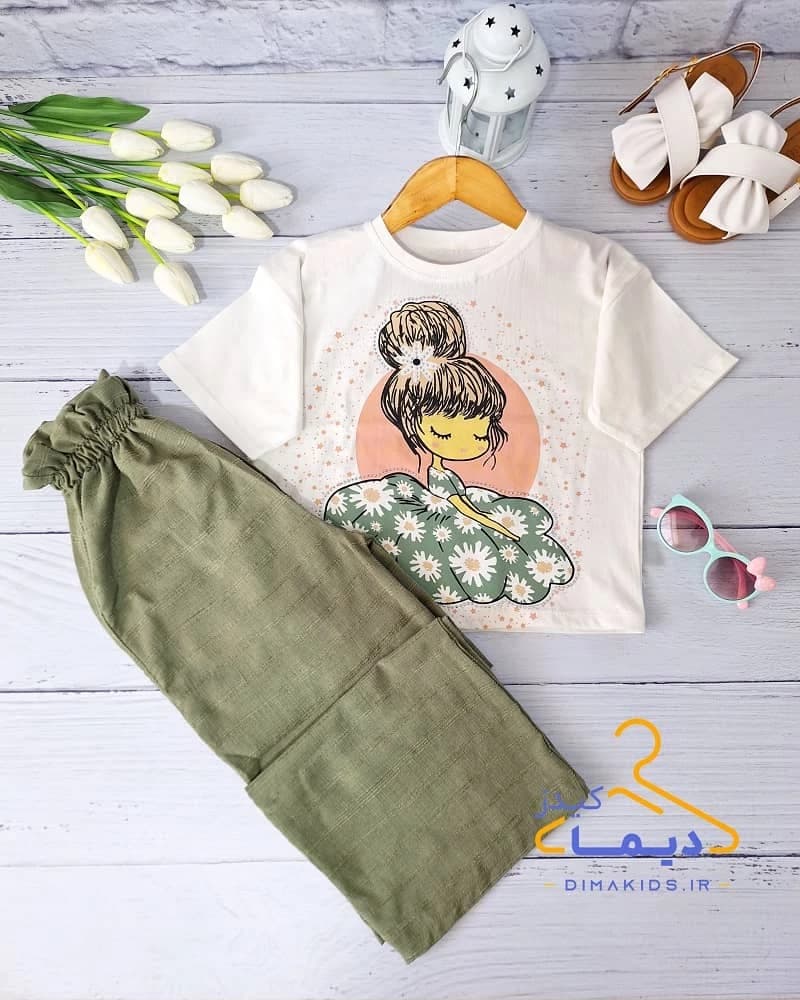 ست کراپ و شلوار سفید سبز سدری طرح دختر بابونه نگین دار