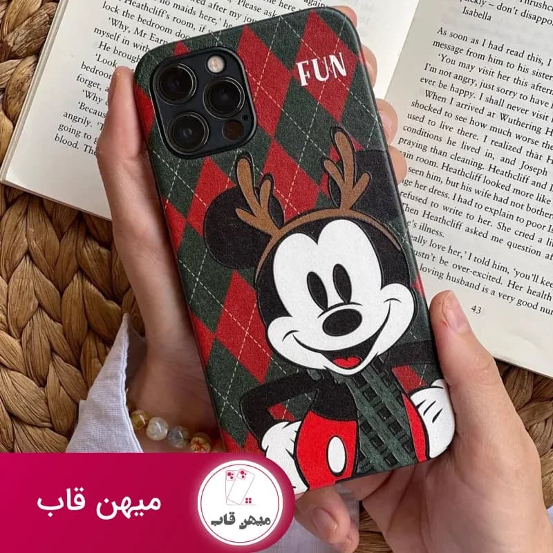 قاب موبایل آیفون میکی موس فان شاخدار چهارخونه سبز و زرشکی محافظ لنزدار - کد (۱۰۰۷۶۶)