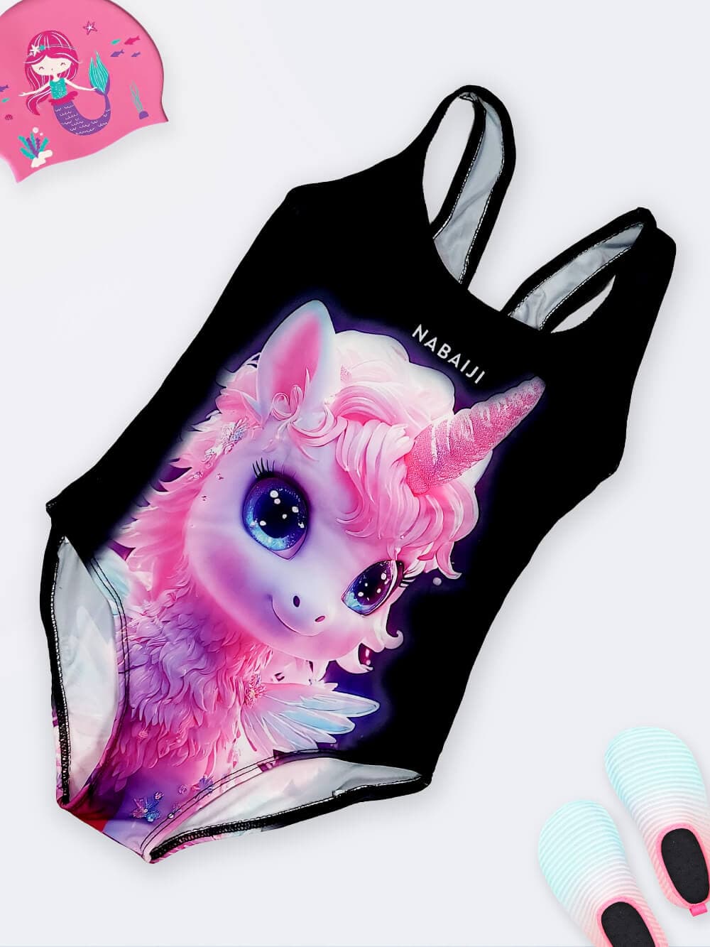 مایو دخترانه بچه گانه طرح اسب تک شاخ صورتی و مشکی اسلیپ نابایجی ( Nabaiji )