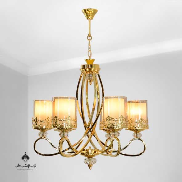 لوستر آویز پیچک شب تاب طلایی 6 شعله با گوی چرخی و حباب و فلاور