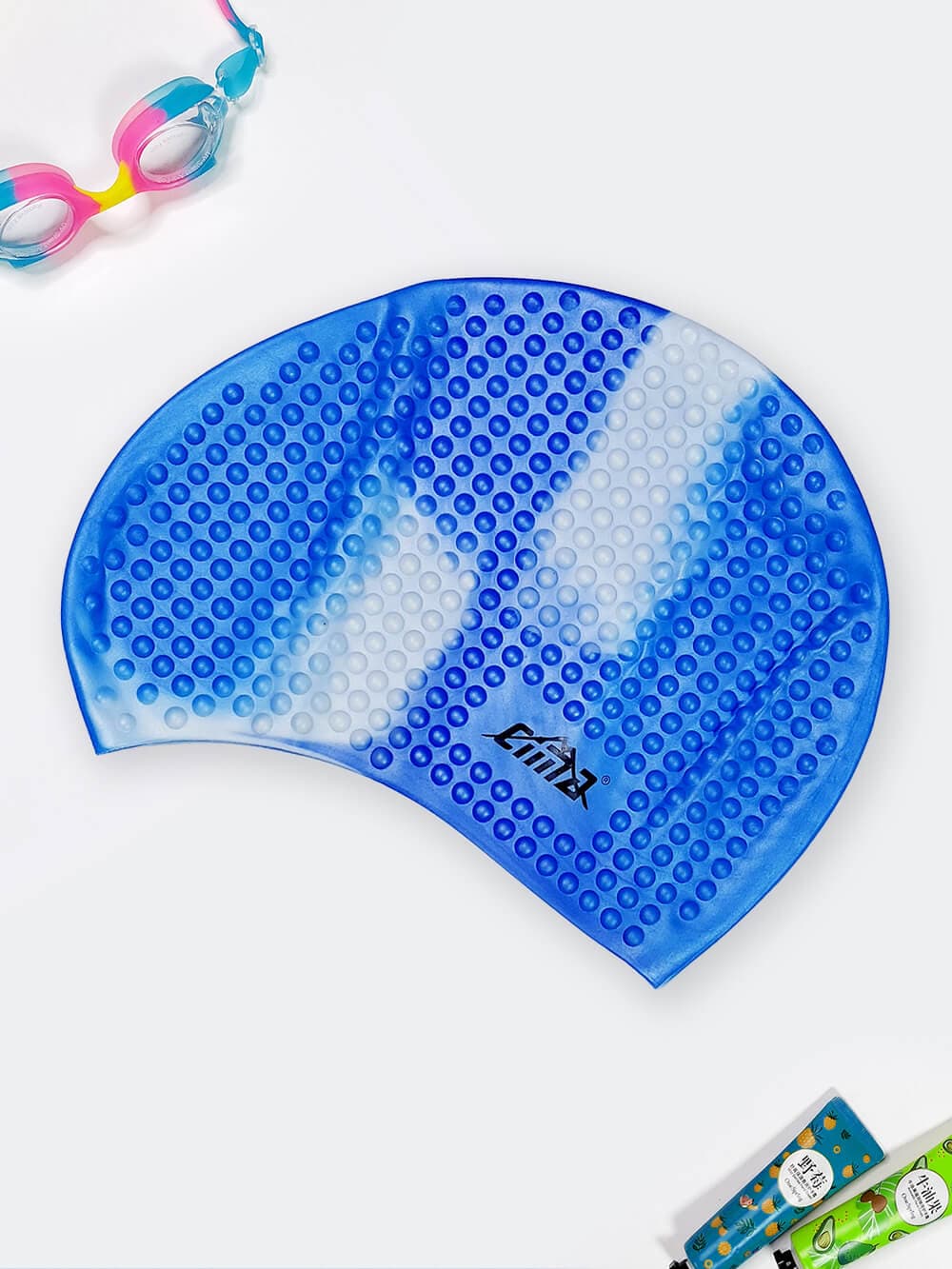 کلاه استخر مناسب برای موهای بلند زنانه و مردانه سیلیکونی Cima آبی توپی ضد کلر