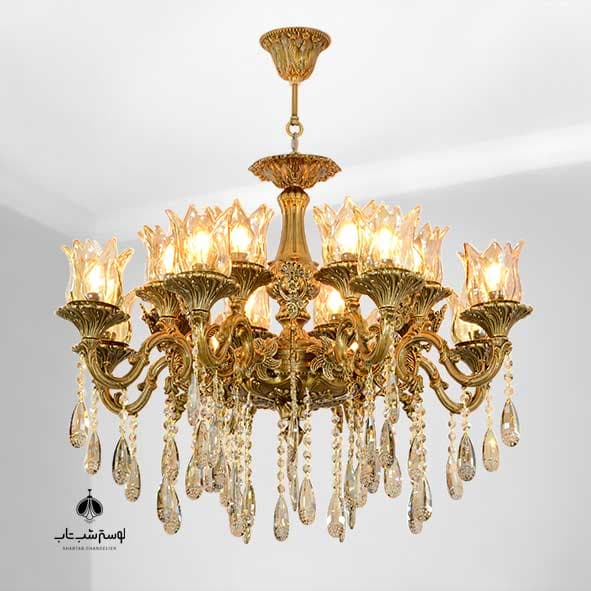لوستر آویز 8 شاخه 16 شعله لیانا شب تاب آنتیک با لاله و کریستال