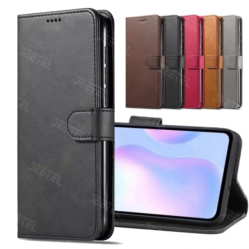 کیف چرمی Xiaomi Redmi 9 مدل لپ تاپی جاکارتی دار (محافظ لنزدار)