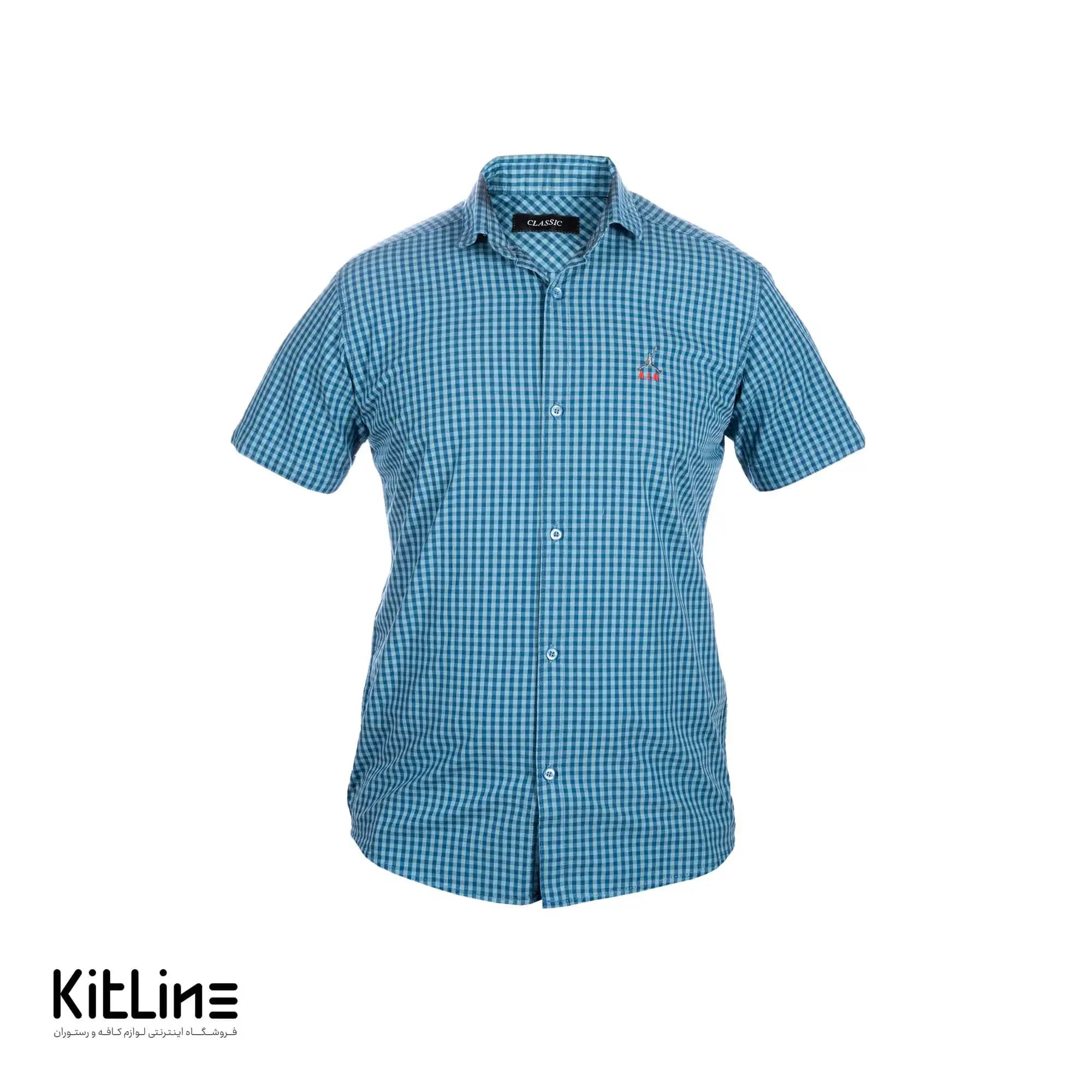 پیراهن آستین کوتاه چهارخانه آبی سرمه ای سارا فرم