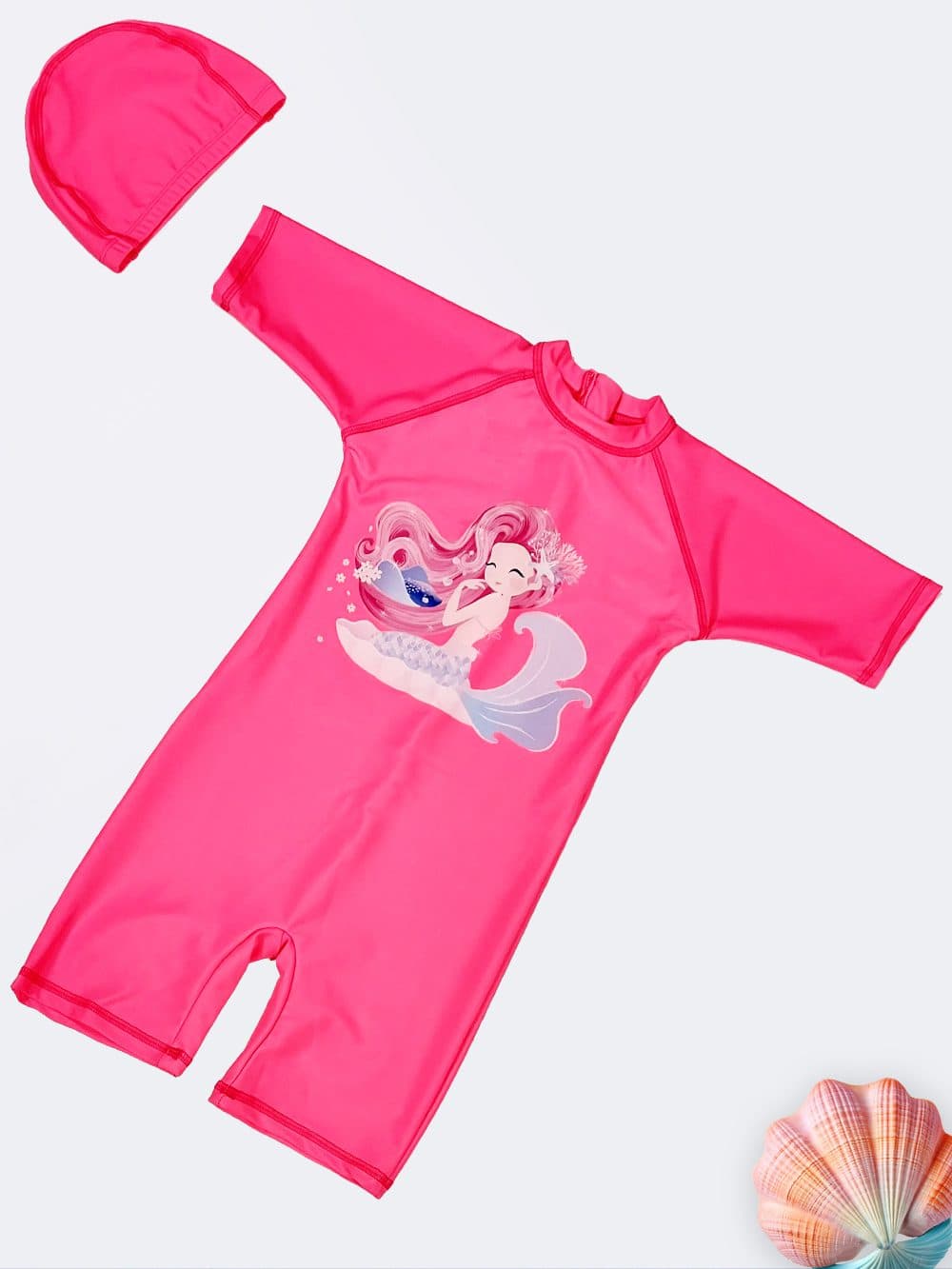 مایو دخترانه نوجوان و بچگانه پادار و آستین دار پوشیده نیمه اسلامی پری دریایی صورتی لایف