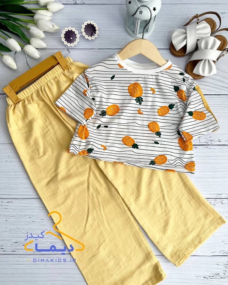 ست کراپ و شلوار سفید زرد طرح راه راه آناناس